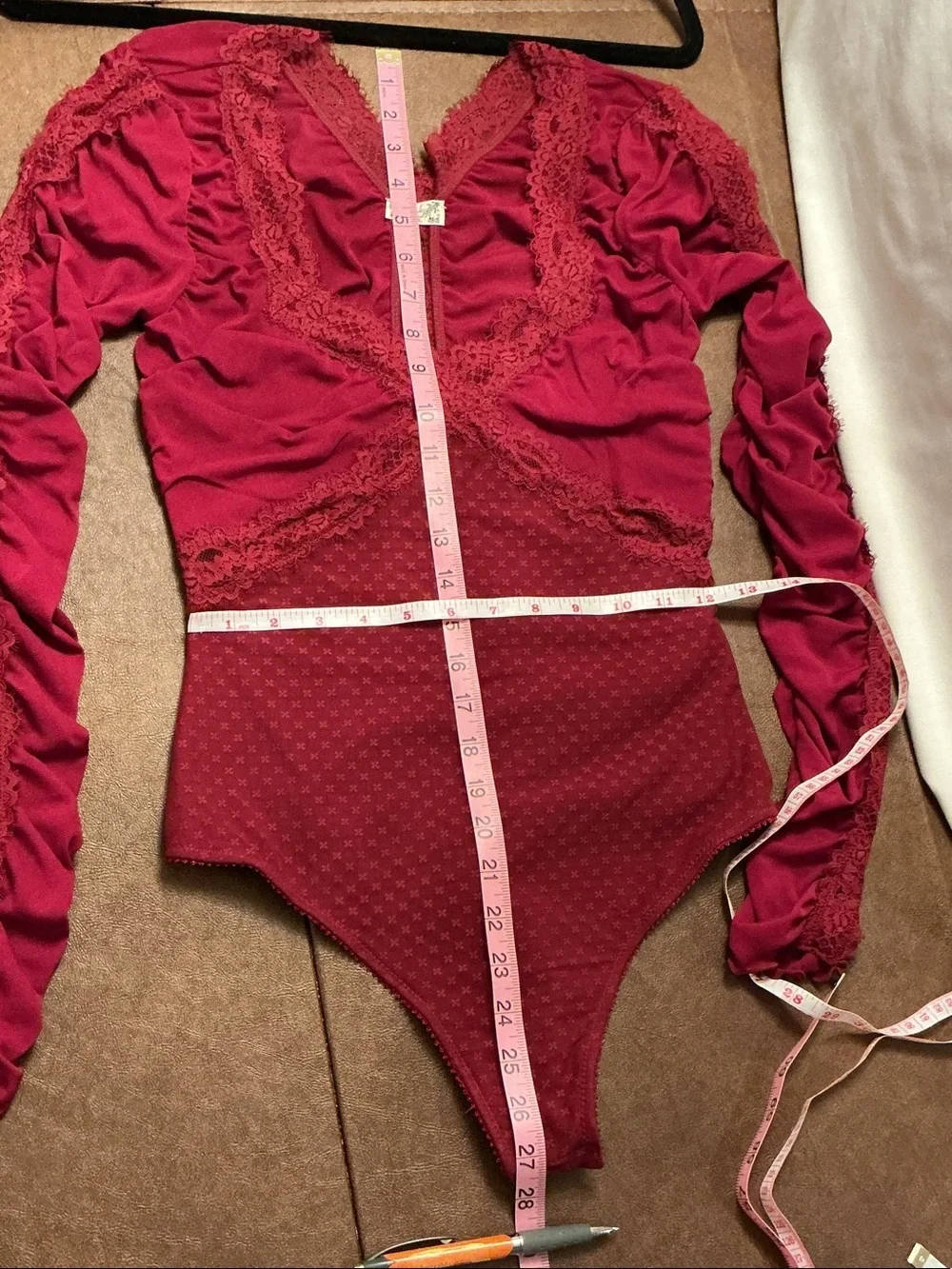Intimately Free People Burgundy Lace-Trim Long Sleeve Bodysuit Sz SP